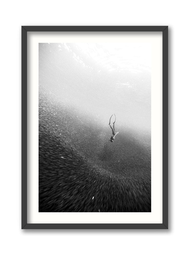 Black and white framed artwork of a diver underwater with a blurred background